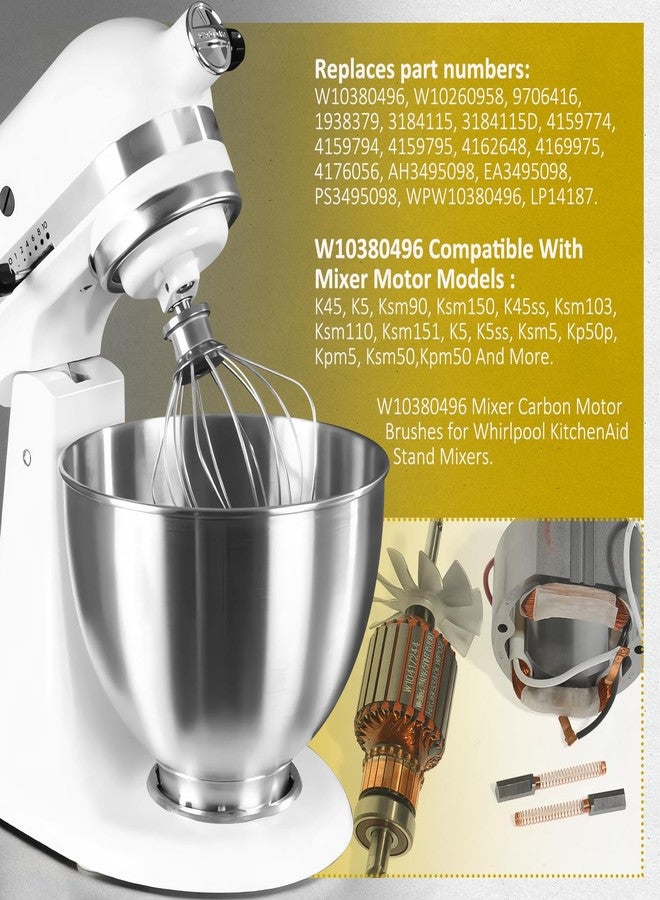 HASMX فرشاة محرك كربونية HASMX W10380496 لخلاطات Kitchenaid موديلات K45، K45SS، KSM103، KSM110، KSM150، KSM151، K5، K5SS، KSM5، KP50P، KPM5، KSM50، KSMC50، KPM50، أرقام القطع W10380496، 9706416 (عبوة من 4 قطع) - Image 2